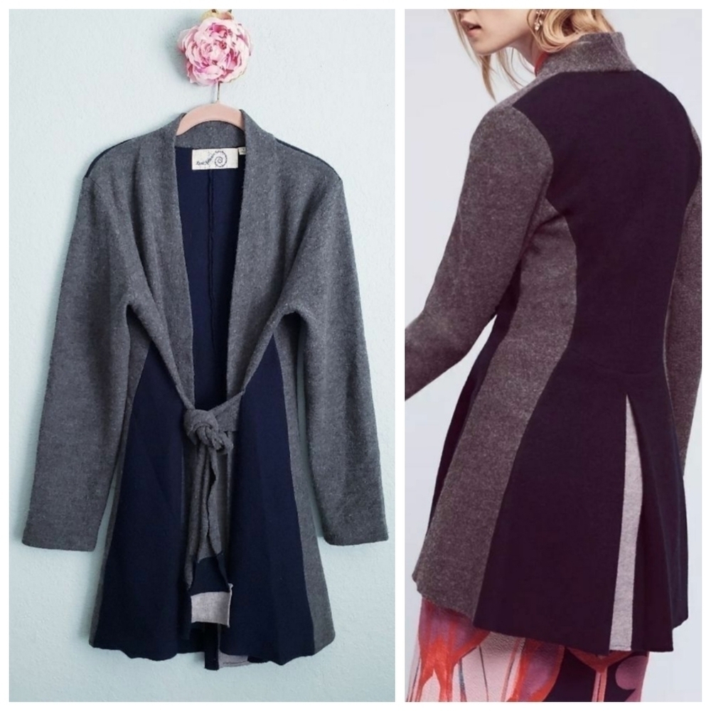Anthropologie‎ Rosie Neira Denisse Blue and Gray Wool Tie Front Cardigan
